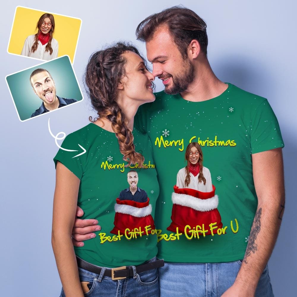 Custom Couple Christmas Gift Custom Face Unique Design All Over Print T-shirt For Men Women Gift - YesCustom