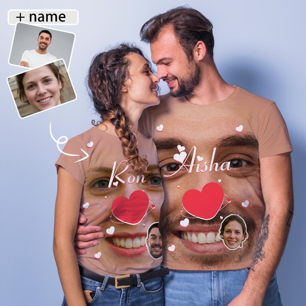 Custom Couple Custom Face&Name Red Heart Unique Design All Over Print T-shirt For Men Women - YesCustom