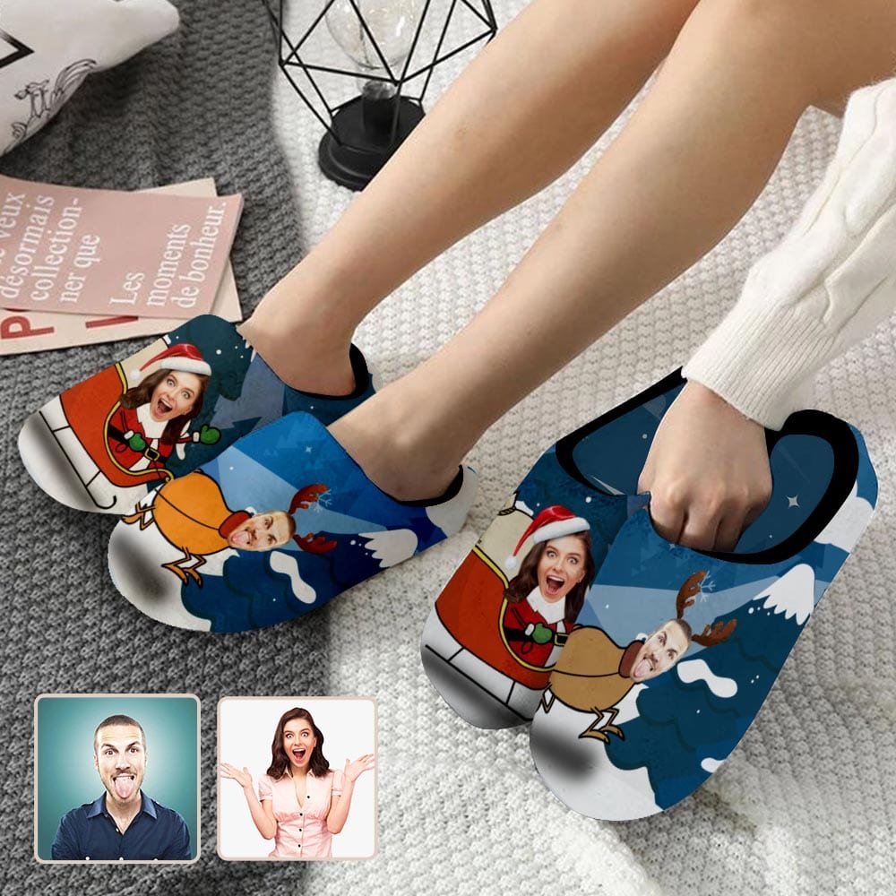 Custom Couple Gift Blue Custom Face Christmas Sleigh All Over Print Personalized Non-Slip Cotton Slippers For Girlfriend Boyfriend - YesCustom