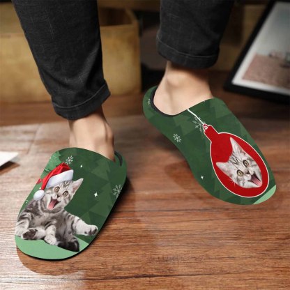 Custom Couple Gift Custom Pet Cat Face Christmas Bomb All Over Print Personalized Non-Slip Cotton Slippers For Girlfriend Boyfriend - YesCustom