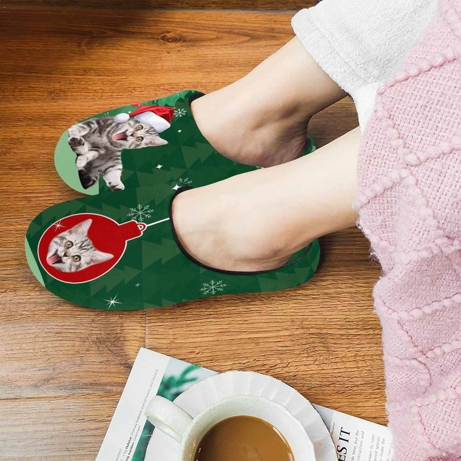 Custom Couple Gift Custom Pet Cat Face Christmas Bomb All Over Print Personalized Non-Slip Cotton Slippers For Girlfriend Boyfriend - YesCustom