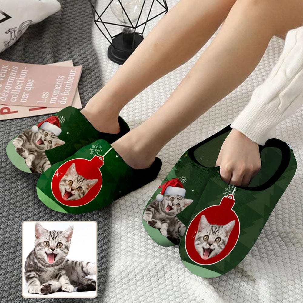 Custom Couple Gift Custom Pet Cat Face Christmas Bomb All Over Print Personalized Non-Slip Cotton Slippers For Girlfriend Boyfriend - YesCustom