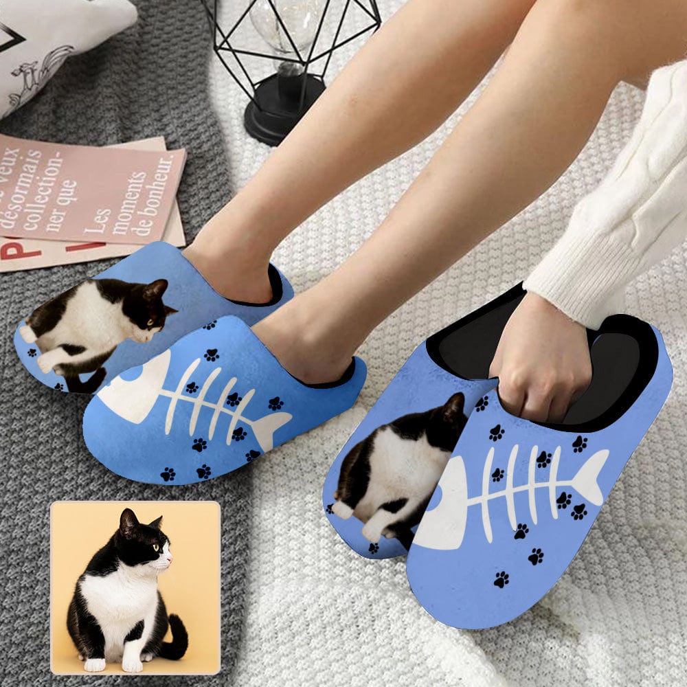 Custom Couple Gift Custom Pet Face Cat Bone All Over Print Personalized Non-Slip Cotton Slippers For Girlfriend Boyfriend - YesCustom