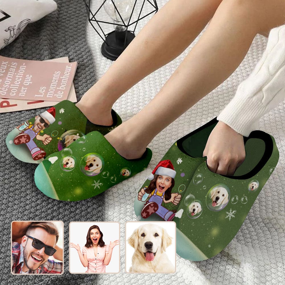 Custom Couple Gift Green Custom Face Christmas Bubble All Over Print Personalized Non-Slip Cotton Slippers For Girlfriend Boyfriend - YesCustom