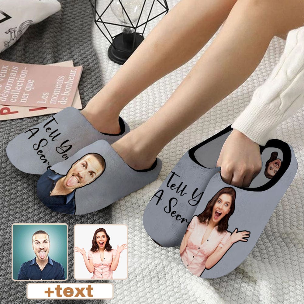 Custom Couple Gift Grey Custom Photo&Text All Over Print Personalized Non-Slip Cotton Slippers For Girlfriend Boyfriend - YesCustom