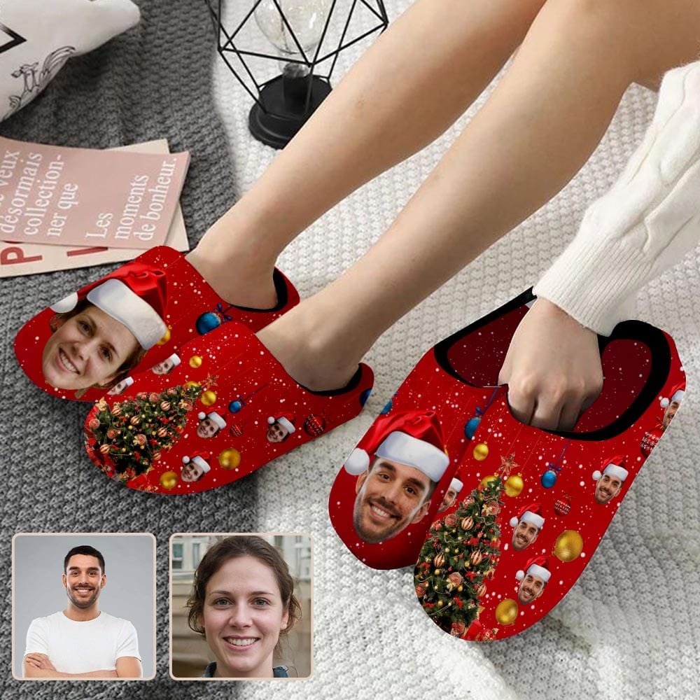 Custom Couple Gift Red Custom Face Christmas Tree All Over Print Personalized Non-Slip Cotton Slippers For Girlfriend Boyfriend - YesCustom