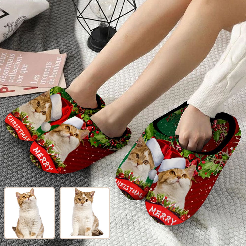 Custom Couple Gift Red Green Custom Pet Cat Photo All Over Print Personalized Non-Slip Cotton Slippers For Girlfriend Boyfriend - YesCustom