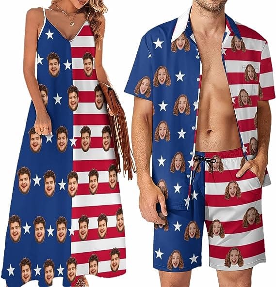 Custom Couple Hawaiian Dress Set Cruise Outfit Custom Face American Flag Style Hawaiian Shirt Set&Dress - YesCustom