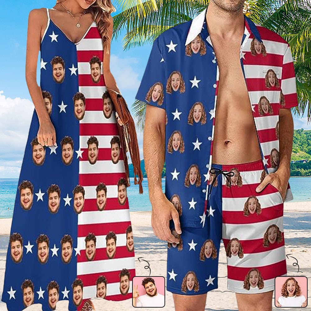 Custom Couple Hawaiian Dress Set Cruise Outfit Custom Face American Flag Style Hawaiian Shirt Set&Dress - YesCustom