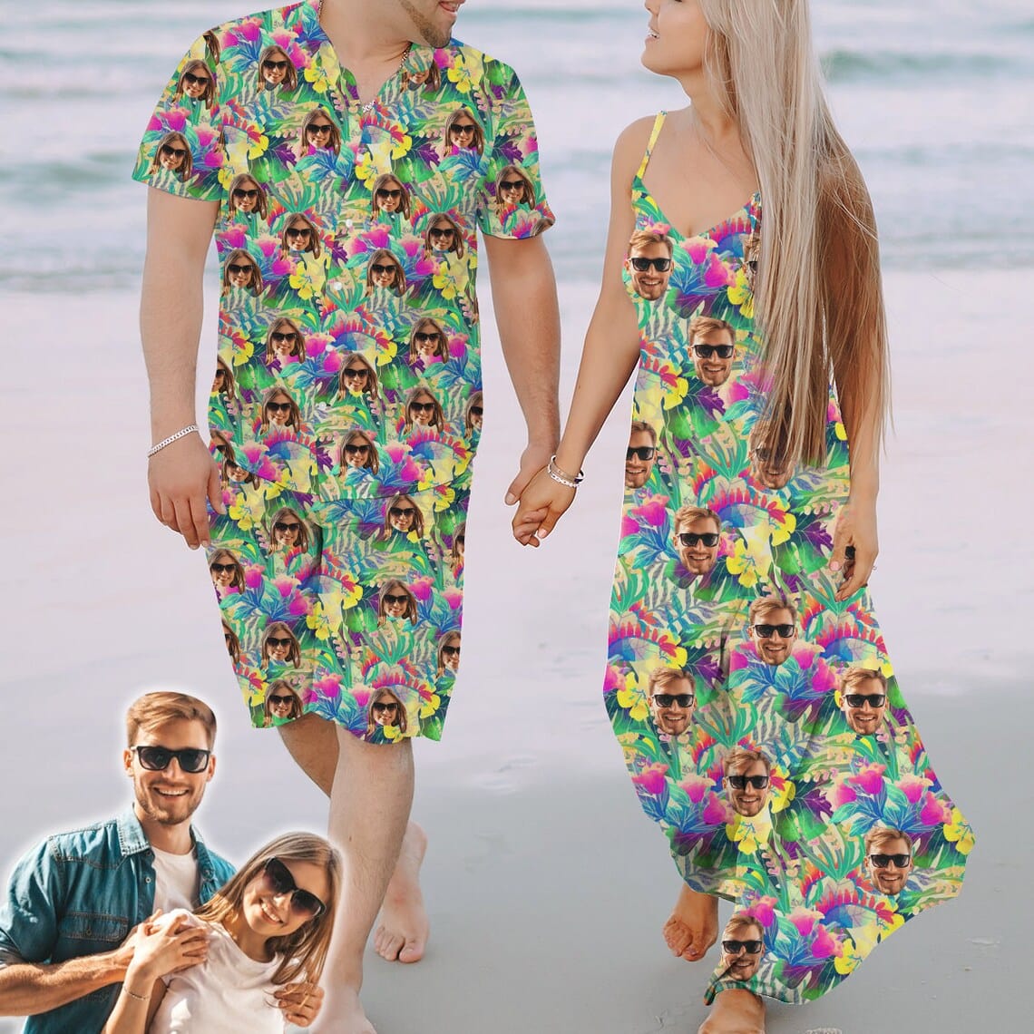 Custom Couple Hawaiian Dress Set Cruise Outfit Custom Face Colorful Flower Hawaiian Shirt Set&Dress - YesCustom
