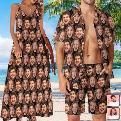Custom Couple Hawaiian Dress Set Cruise Outfit Custom Face Full Hawaiian Shirt Set&Dress - YesCustom