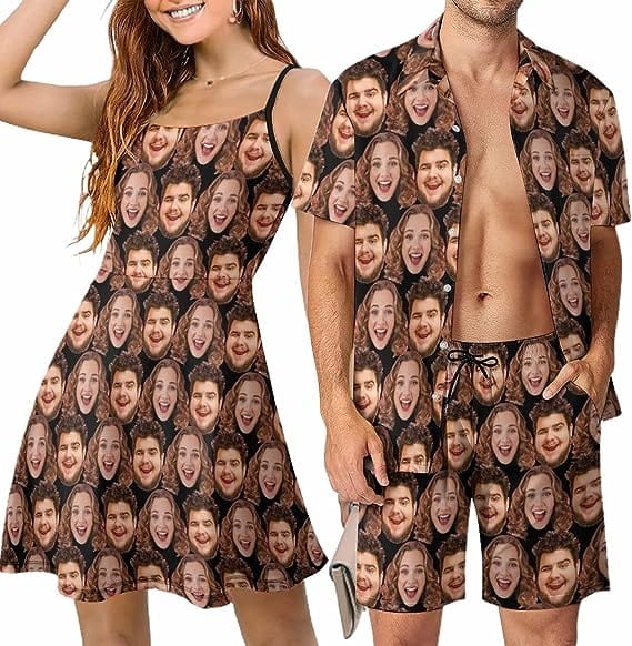 Custom Couple Hawaiian Dress Set Cruise Outfit Custom Face Full Hawaiian Shirt Set&Dress - YesCustom