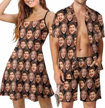 Custom Couple Hawaiian Dress Set Cruise Outfit Custom Face Full Hawaiian Shirt Set&Dress - YesCustom