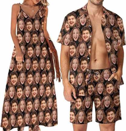 Custom Couple Hawaiian Dress Set Cruise Outfit Custom Face Full Hawaiian Shirt Set&Dress - YesCustom