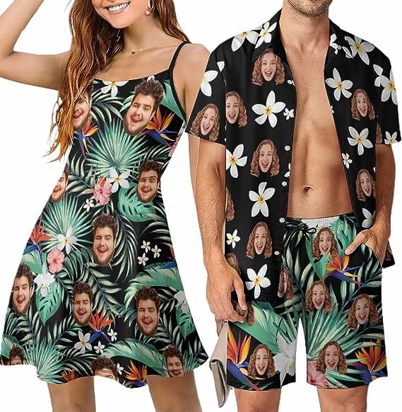Custom Couple Hawaiian Dress Set Cruise Outfit Custom Face Green Tropical Leaves Hawaiian Shirt Set&Dress - YesCustom