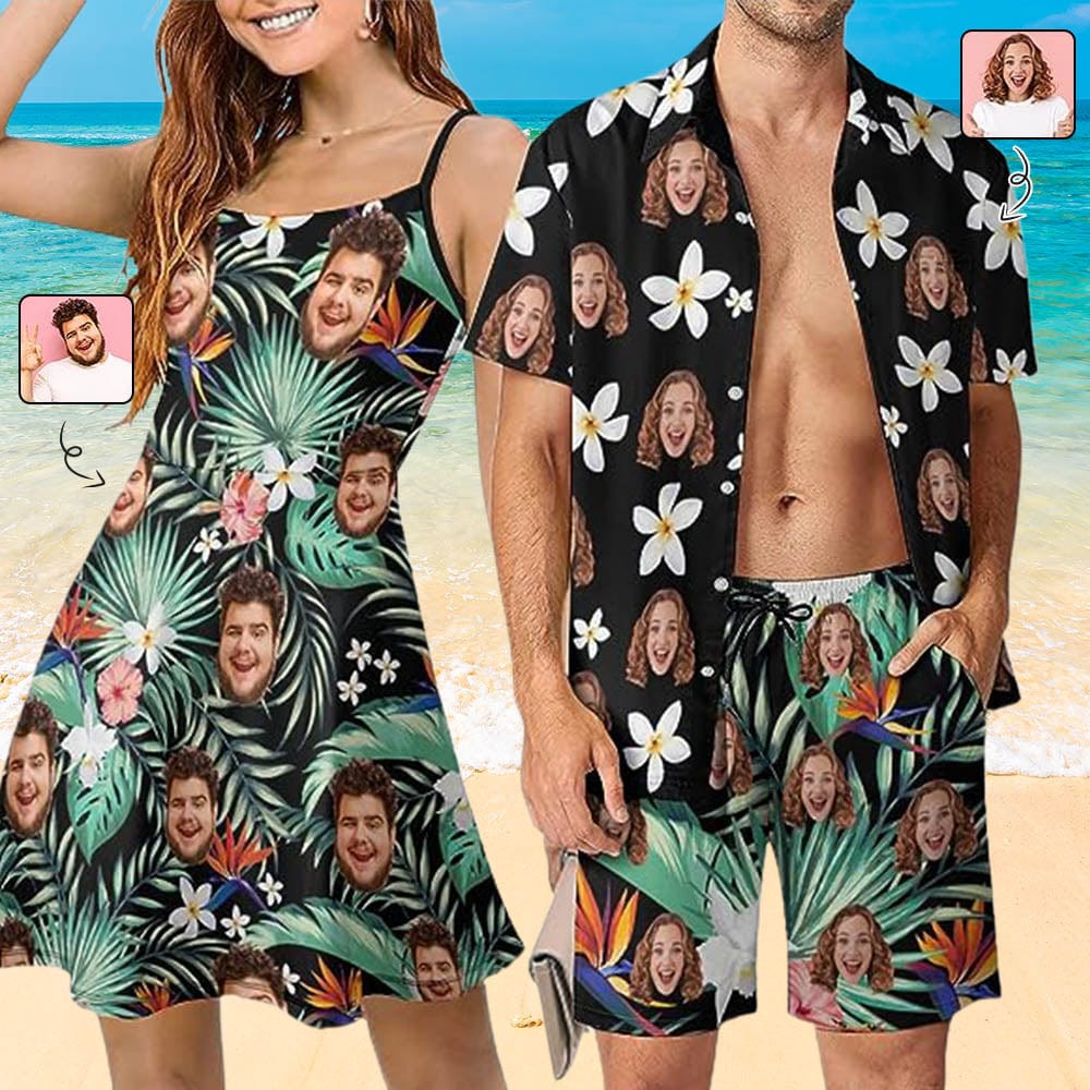 Custom Couple Hawaiian Dress Set Cruise Outfit Custom Face Green Tropical Leaves Hawaiian Shirt Set&Dress - YesCustom