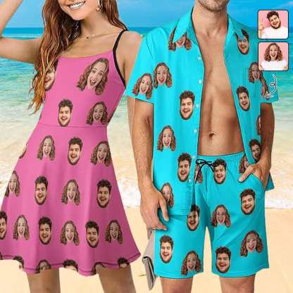 Custom Couple Hawaiian Dress Set Cruise Outfit Custom Face Multicolor Hawaiian Shirt Set&Dress - YesCustom
