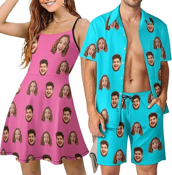 Custom Couple Hawaiian Dress Set Cruise Outfit Custom Face Multicolor Hawaiian Shirt Set&Dress - YesCustom