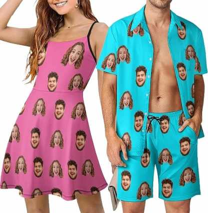 Custom Couple Hawaiian Dress Set Cruise Outfit Custom Face Multicolor Hawaiian Shirt Set&Dress - YesCustom