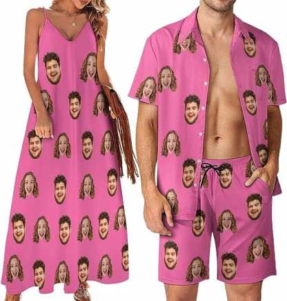 Custom Couple Hawaiian Dress Set Cruise Outfit Custom Face Multicolor Hawaiian Shirt Set&Dress - YesCustom