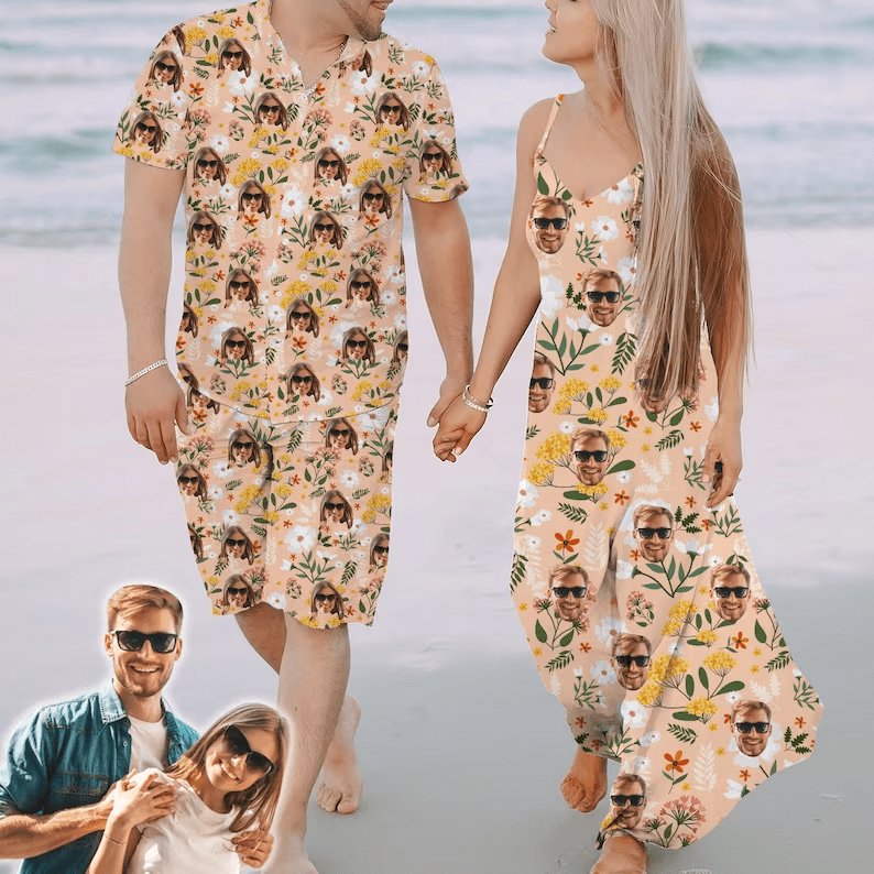 Custom Couple Hawaiian Dress Set Cruise Outfit Custom Face Orange Hawaiian Shirt Set&Dress - YesCustom