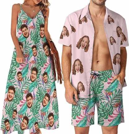 Custom Couple Hawaiian Dress Set Cruise Outfit Custom Face Pink Hawaiian Shirt Set&Dress - YesCustom