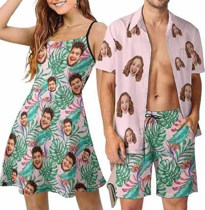 Custom Couple Hawaiian Dress Set Cruise Outfit Custom Face Pink Hawaiian Shirt Set&Dress - YesCustom