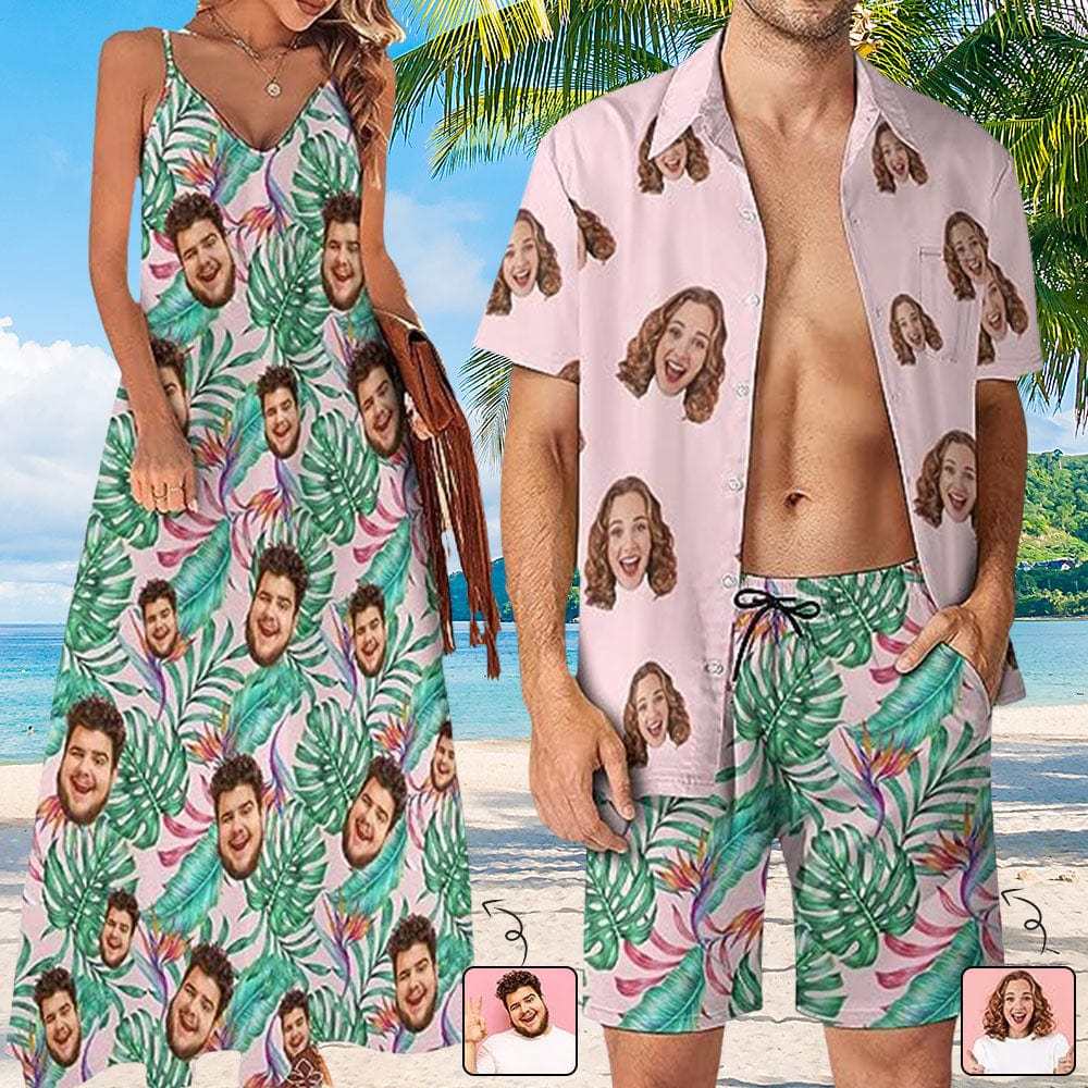 Custom Couple Hawaiian Dress Set Cruise Outfit Custom Face Pink Hawaiian Shirt Set&Dress - YesCustom