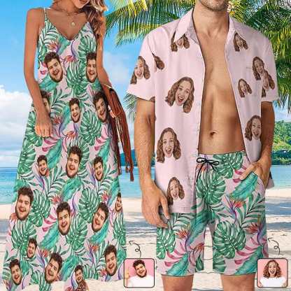 Custom Couple Hawaiian Dress Set Cruise Outfit Custom Face Pink Hawaiian Shirt Set&Dress - YesCustom
