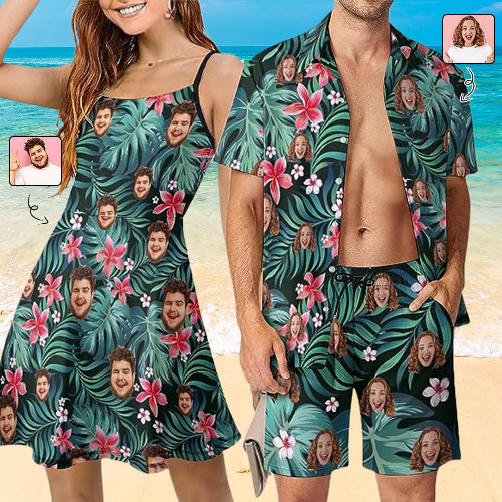 Custom Couple Hawaiian Dress Set Cruise Outfit Custom Face Red Flowers Hawaiian Shirt Set&Dress - YesCustom