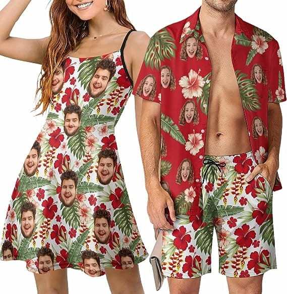 Custom Couple Hawaiian Dress Set Cruise Outfit Custom Face Red Hawaiian Shirt Set&Dress - YesCustom