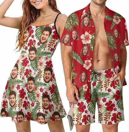 Custom Couple Hawaiian Dress Set Cruise Outfit Custom Face Red Hawaiian Shirt Set&Dress - YesCustom