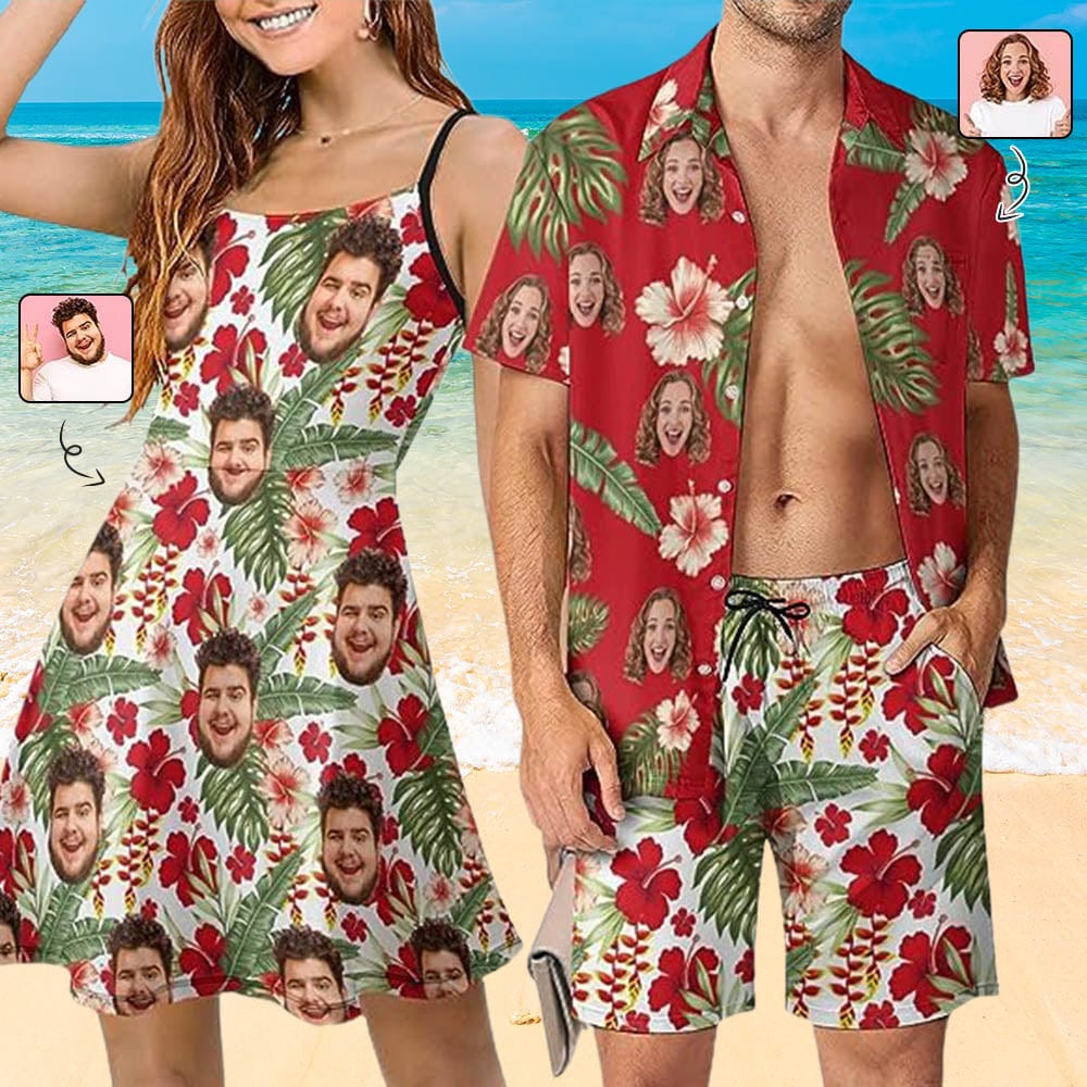 Custom Couple Hawaiian Dress Set Cruise Outfit Custom Face Red Hawaiian Shirt Set&Dress - YesCustom