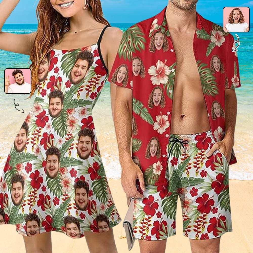 Custom Couple Hawaiian Dress Set Cruise Outfit Custom Face Red Hawaiian Shirt Set&Dress - YesCustom