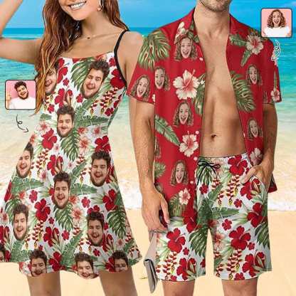 Custom Couple Hawaiian Dress Set Cruise Outfit Custom Face Red Hawaiian Shirt Set&Dress - YesCustom