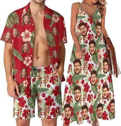 Custom Couple Hawaiian Dress Set Cruise Outfit Custom Face Red Hawaiian Shirt Set&Dress - YesCustom