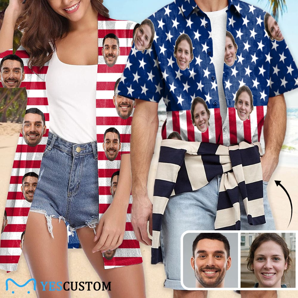 Custom Couple Hawaiian Shirt Cover Up Set American Flag Hawaiian Shirt&Cover Up - YesCustom