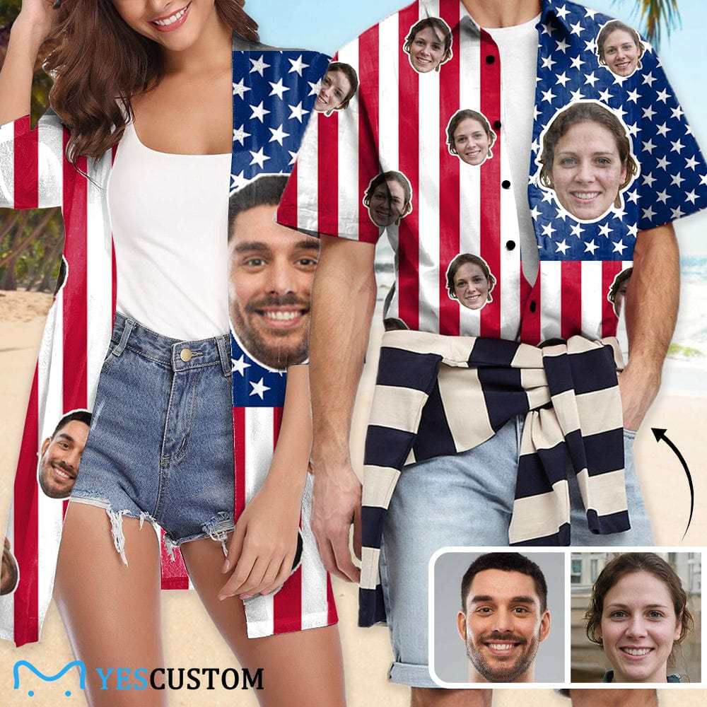 Custom Couple Hawaiian Shirt Cover Up Set Flag Independence Day Hawaiian Shirt&Cover Up - YesCustom