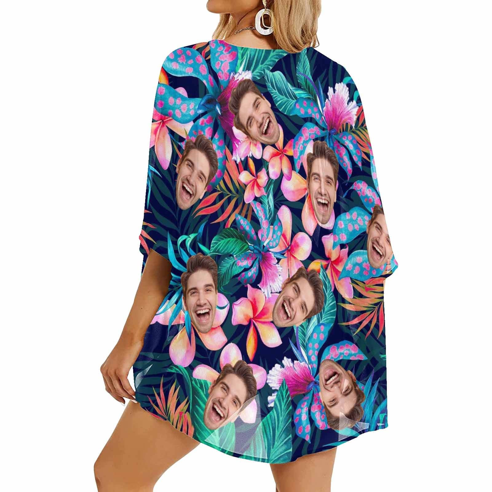 Custom Custom Face Flower Leaf Personalized Women's Kimono Chiffon Cover Up - YesCustom
