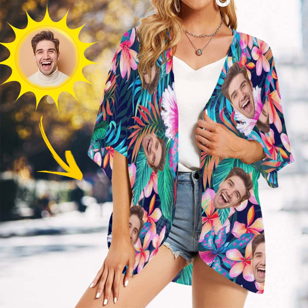 Custom Custom Face Flower Leaf Personalized Women's Kimono Chiffon Cover Up - YesCustom