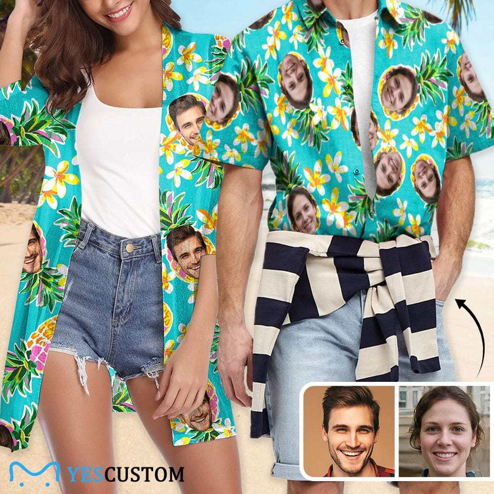 Custom Couple Hawaiian Shirt Cover Up Set Flower Pineapple Aloha Hawaiian Shirt&Cover Up - YesCustom