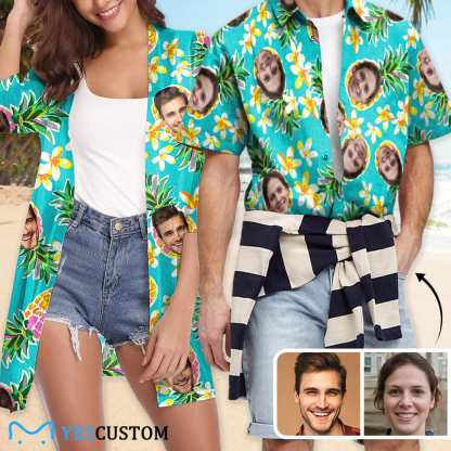 Custom Couple Hawaiian Shirt Cover Up Set Flower Pineapple Aloha Hawaiian Shirt&Cover Up - YesCustom