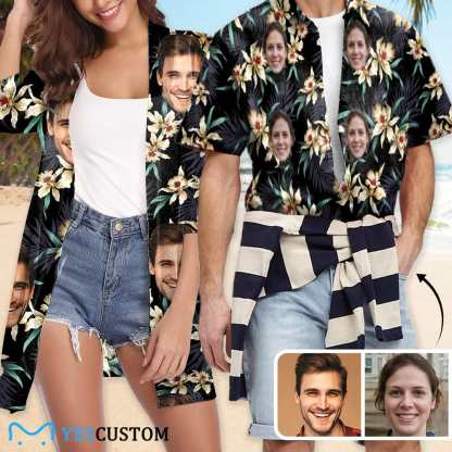 Custom Couple Hawaiian Shirt Cover Up Set Lily Flowers Custom Face Tropical Aloha Hawaiian Shirt&Cover Up - YesCustom