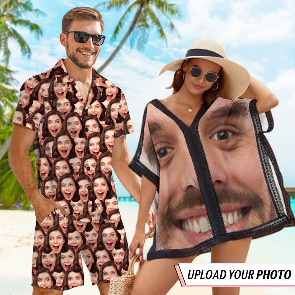 Custom Couple Hawaiian Swimsuit Cover Up Set Cruise Outfit Custom Face My Lover Hawaiian Shirt Set&Cover Up - YesCustom