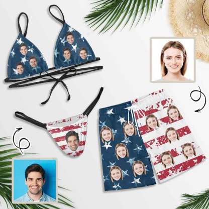 Custom Couple Matching American Swimwear Custom Face Women's Two-Pieces Triangle Bikini Set & Men's Swim Shorts - YesCustom