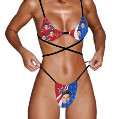 Custom Couple Matching American Swimwear Custom Face Women's Two-Pieces Triangle Bikini Set & Men's Swim Shorts - YesCustom