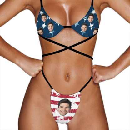 Custom Couple Matching American Swimwear Custom Face Women's Two-Pieces Triangle Bikini Set & Men's Swim Shorts - YesCustom