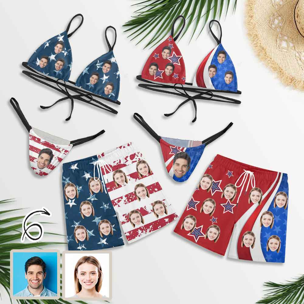 Custom Couple Matching American Swimwear Custom Face Women's Two-Pieces Triangle Bikini Set & Men's Swim Shorts - YesCustom