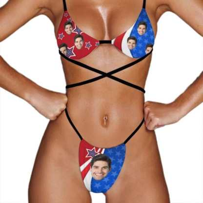 Custom Couple Matching American Swimwear Custom Face Women's Two-Pieces Triangle Bikini Set & Men's Swim Shorts - YesCustom