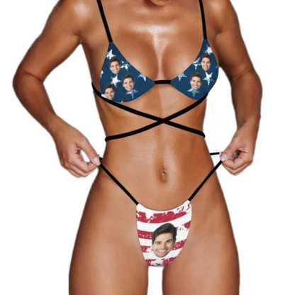 Custom Couple Matching American Swimwear Custom Face Women's Two-Pieces Triangle Bikini Set & Men's Swim Shorts - YesCustom